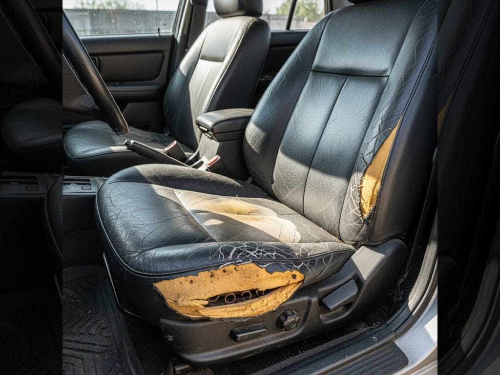 Inside a car, a damaged driver's seat is visible, indicating issues like prolonged use and material fatigue over time.