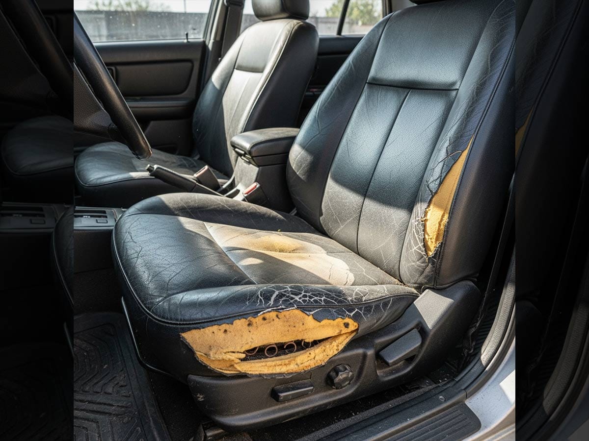Inside a car, a damaged driver's seat is visible, indicating issues like prolonged use and material fatigue over time.